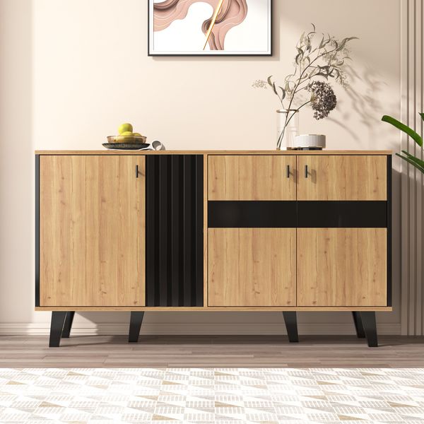 Sideboard 140 x 41 x 78,5 cm in Holzoptik und Schwarz mit 3 Türen, Glasdetail, LED-Beleuchtung