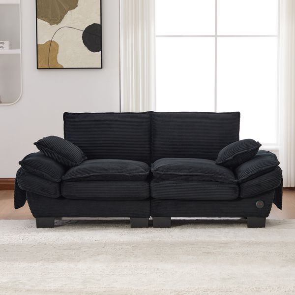 2-Sitzer Sofa aus Corduroy mit USB-C-Anschluss & Seitentaschen, 190x73x84 cm, Schwarz