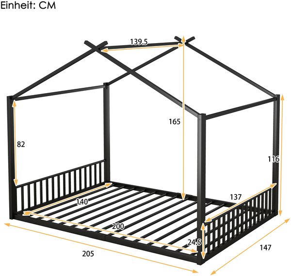 140*200cm Flachbett, Eisenrahmenbett, Kinderbett, Hausleiste, Schwarz Bild 3