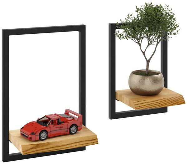 LAMO Manufaktur Wandregal Holz Set 2 St. 15/20 cm Farbe: Rustikal, Rahmen: Schwarz, Schweberegal Massiv 100% Echtholz, Tassenregal für Küche, Bildregal, Parfüm Regal für Badezimmer