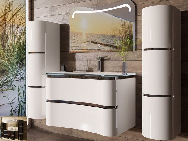 Homeline Badezimmer-Set Bad Möbelset Lady Schwarz oder Weiß Hochglanz 90 cm, (Badezimmer set, 3-St, 5 Teilig)