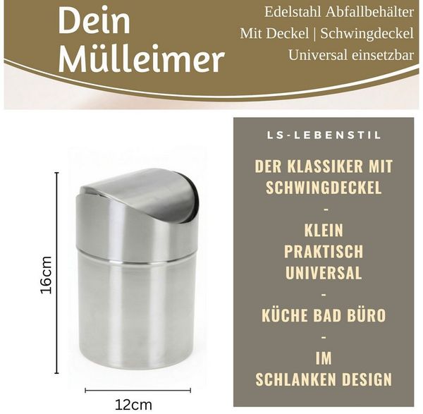 LS-LebenStil Kosmetikeimer Edelstahl Mini Papierkorb Mülleimer 12x16cm Silber mit Schwing-Deckel, Abfalleimer mit Deckel für Küche Bad Mini klein Tisch Mülleimer