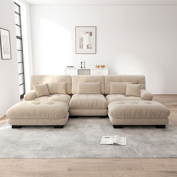 Luxuriöses Modulares Ecksofa,Übergroßes U-förmiges Cloud Couch für Wohnzimmer Tiefensitz Verwandelbares Schlafsofa mit Ottoman,Chenille,Hellbraun,