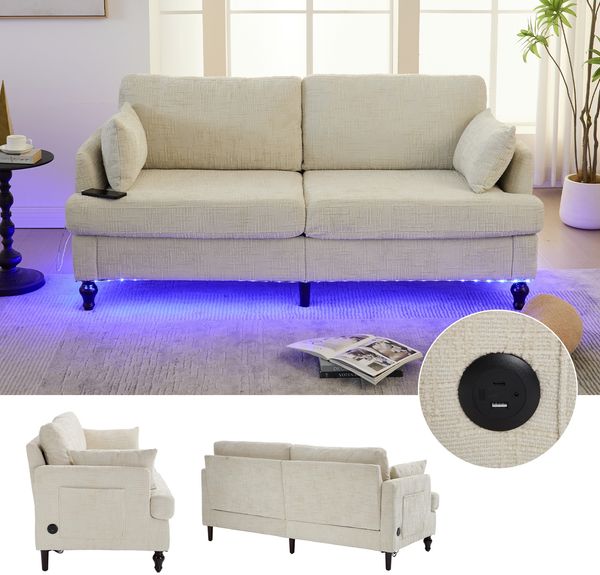 Flieks 2-Sitzer Sofa mit LED-Beleuchtung, USB-Anschluss & Aufbewahrungstasche, Chenille, Beige