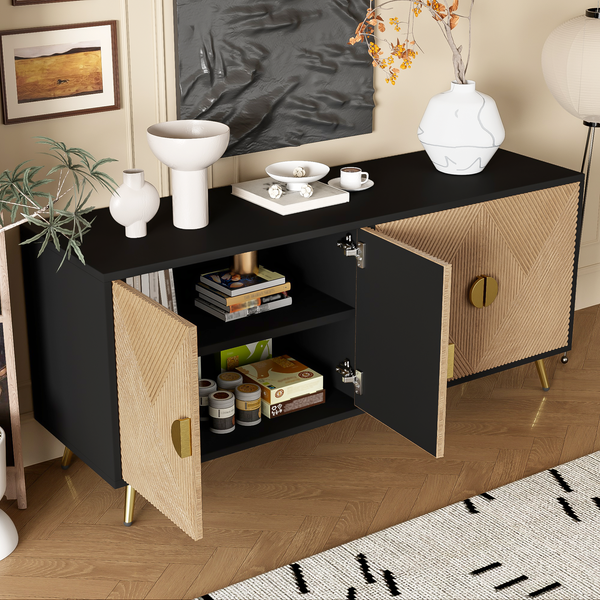Sideboard 160 x 40 x 75 cm aus MDF und Holzoptik mit 4 Türen und goldfarbenen Details