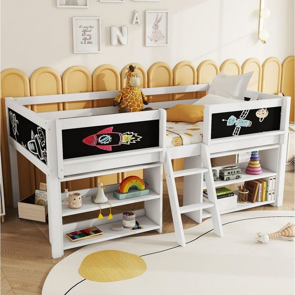 STILVORA Kinderbett 90×200 Hochbett kinder mit Geländer,Holzbett mit Leiter,ohne matratze (Hochwertiges halbhohes Bett, aus Kiefernholz mit mehreren Staufächern, Sicherheitsgeländer und stabiler Leiter, 90x200 cm), ohne Matratze