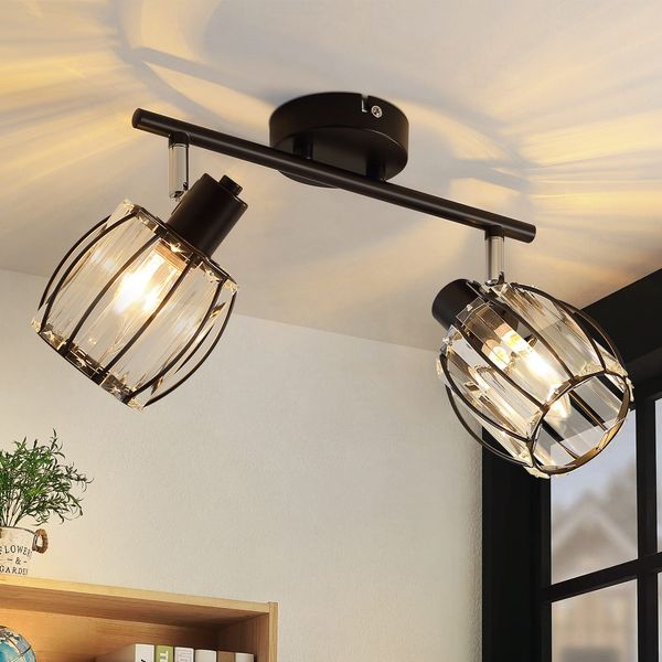 ZMH Deckenstrahler Vintage Deckenspot 2 Flammig - Deckenleuchte Kristall Lampenschirm Retro Strahler Industrial E14 Schwarz 350°Schwenkbar Flurlampe für Flur Hotel (ohne Leuchtmittel)