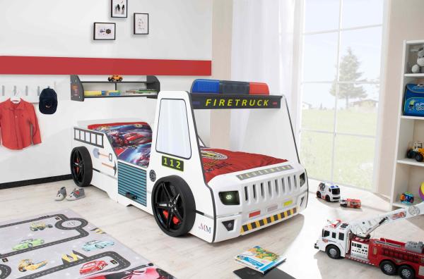 Autobett Kinder 90x200 cm Feuerwehrbett "Rio Firetruck" mit LED-Licht und Sirenenoptik Weiß, Creativ Fresh Plus H2, mit Bettwäsche, Spoiler Regal