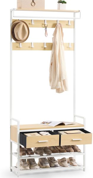 VASAGLE Garderobenständer mit Schuhbank, Garderobe, Schuhaufbewahrung, 2 Schubladen aus Stoff, 10 Haken, 6 seitliche Haken, 30 x 80,4 x 181,6 cm, goldeichenfarben-mattweiß HSR429YA01