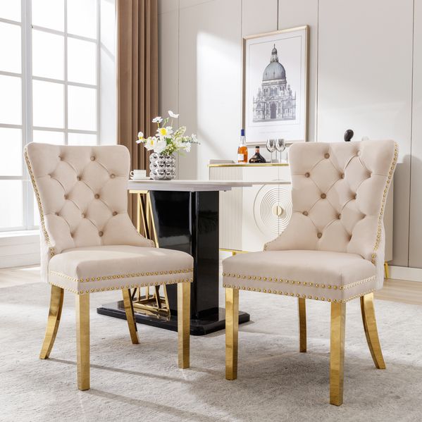 Esszimmerstuhl 50,5 x 45 x 95 cm aus Samt in Beige – mit Türklopfer, Nagelkopfbesatz und Edelstahlbeinen