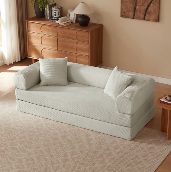 Schlafsofa 59cm×195cm×89cm in Beige – klappbares Bodensofa aus Schaumstoff mit Veloursbezug