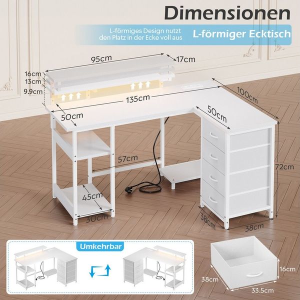 HOMALL Schreibtisch Eck-Schreibtisch, Gaming-Tisch mit Stauraum und Steckdosen (Ausgestattet mit 2 Steckdosen, 2 USB-Anschlüssen, 4 Schubladen, einer höhenverstellbaren Monitorhalterung, einer LED-Lichtleiste, 2 Einlegeböden sowie einer Halterung für d...