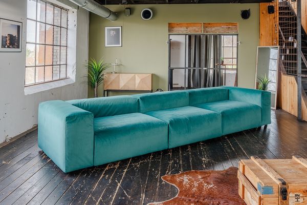 KAWOLA Sofa MIA Modulares Sofa 8-tlg. Velvet grün 72 x 120 x 418 cm
