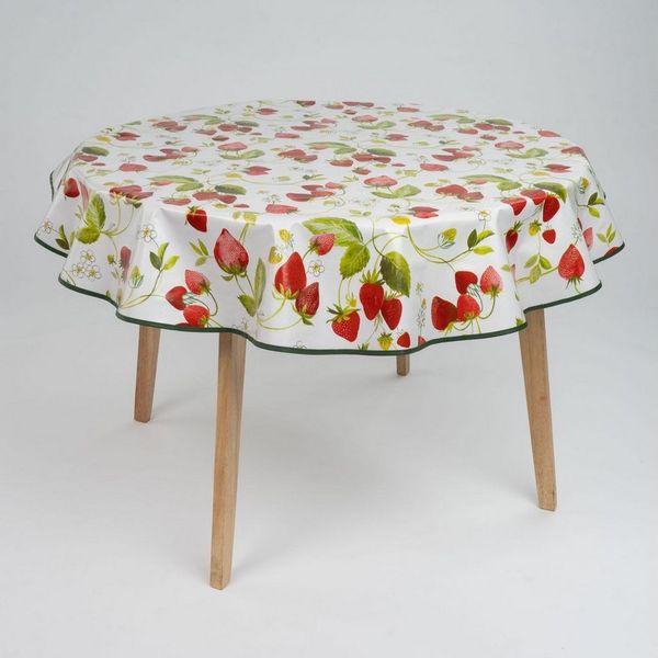 laro Tischdecke 140cm runde Wachstuchtischdecke mit Saum-Eingefasst Erdbeeren Rot Weiß