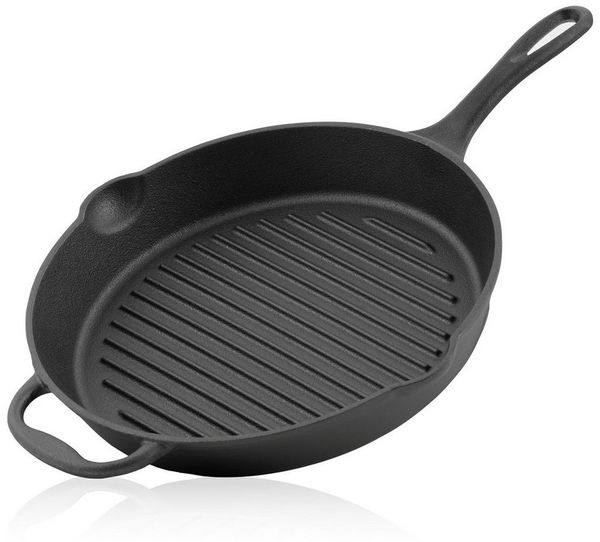 BBQ-Toro Bratpfanne Gusseisen preseasoned, Ø 34 cm, Mit Griff+Stiel und 2 Außgießern, Gusseisen