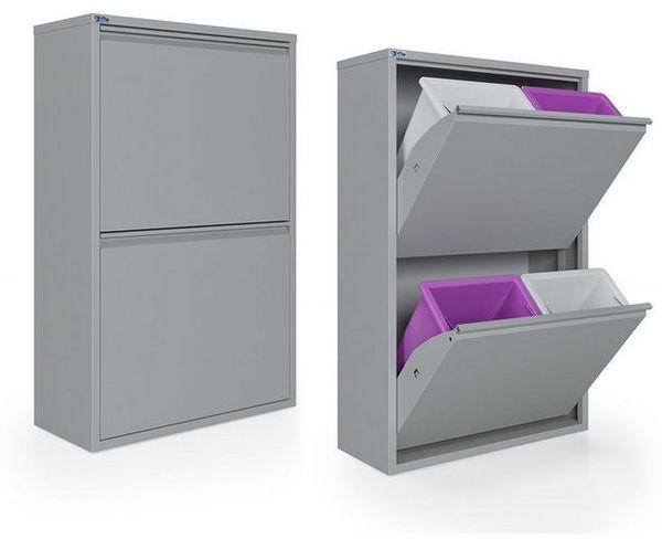 Kaufexpress GmbH Mülltrennsystem Metall-Mülltrenner 2 Türen – 4 Einsätze à 15 L, fertig montiert, Für Küche, Büro oder Hauswirtschaftsraum – funktional und modern