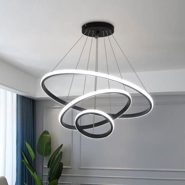 Moderne, dimmbare 80-W-LED-Pendelleuchte mit 3 Ringen für Wohnzimmer, Esszimmer, Schlafzimmer – Schwarz