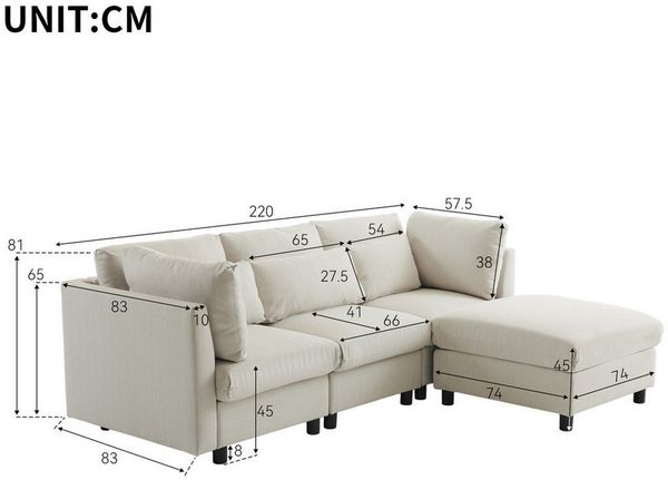 Merax 3-Sitzer mit Hocker, XXL Sofa, aus Leinen mit 2 Kissen,Sofagarnitur,Loungesofa,modulare Couch Bild 3