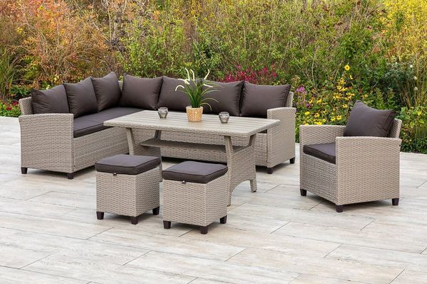 MERXX Garten-Essgruppe Palma, (5-tlg, 1x Eckbank, 2x Sessel, 2x Hocker, 1x Tisch 144x67cm, mit Kissen), pulverbeschichteter Stahl, Polyrattan