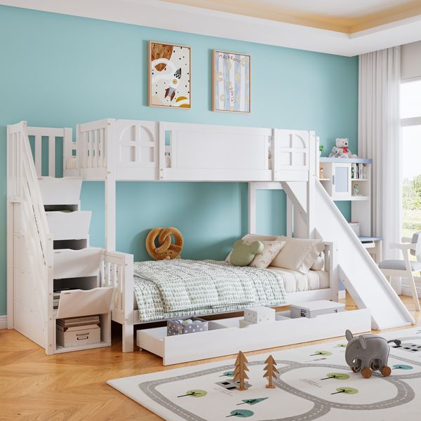 Etagenbett 90×200 cm mit Kinderrutsche & Stauraumtreppe mit 4 Staufächern, Schublade auf Rollen, Kiefer+MDF, Weiß