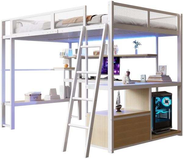 Metall-Gaming-Hochbett (140 x 200 cm) mit integriertem Arbeitsplatz, LED-Beleuchtung und viel Stauraum, Weiß