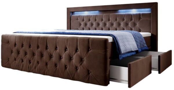 Boxspringbett Sera mit LED und Stauraum (4 Schubladen) 160x200 Braun H4 (100kg+)