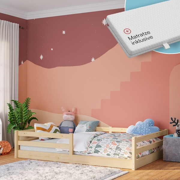 Bellabino 'Iskri' Bodenbett 140x200 cm mit Matratze, natur, Massivholz Kiefer, Montessori Kinderbett mit Rausfallschutz und Lattenrost