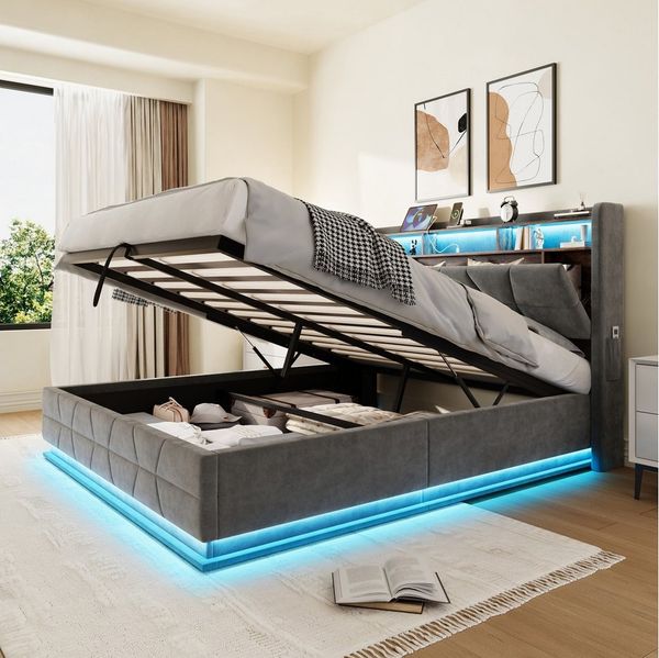 KLAM HOME Polsterbett Multifunktionales Samt Bett 140/160x200cm (LED-Beleuchtung CE-zertifizierte USB/Type-C 300kg Tragkraft), Stauraum Kopfteilregale Seitentaschen Federholzrahmen Lattenrost