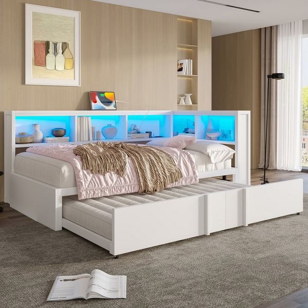 Merax Daybett 90x200cm mit LED-Beleuchtung und USB-Anschlüssen (Jugendbett Kinderbett aus Metall und MDF, 1 tlg), Tagesbett mit Ausziehbett & 5 Stauschränken, Sofabett, Schlafsofa