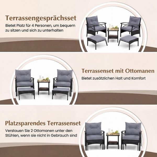 COSTWAY Gartenlounge-Set, (5-tlg), Balkonset mit Beistelltisch, Ottomanen, Kissen