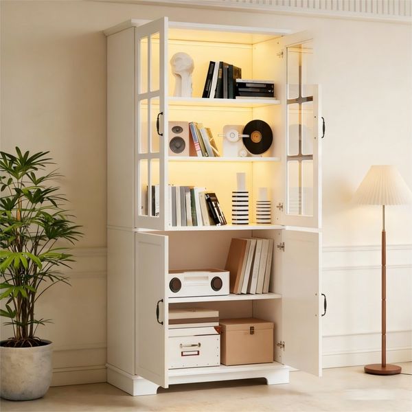 Merax Vitrine Weiß im Landhausstil, Glasvitrine mit LED-Beleuchtung (Robuste Konstruktion für Wohnzimmer & Küche, 1-St, 80x38x180cm) Schrank Standvitrine mit 2 Gitterglas, 2 Volltüren, 5 Regale, Stauraum