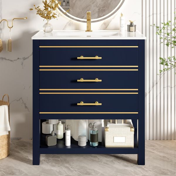 Waschtisch-Unterschrank 76 cm Schwarzblau mit Keramikbecken 2 Schubladen gold handhaben