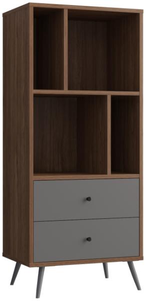 Bücherregal 60 x 40 cm MDF Grau Walnuss mit zwei Schubladen und Metallfüßen