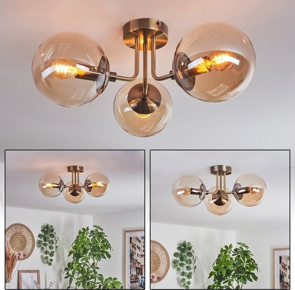 hofstein Deckenleuchte Deckenlampe aus Metall/Glas in Altmessingfarben/Bernsteinfarben, ohne Leuchtmittel, im Retro-/Vintage-Design, Glasschrime Ø15cm, 3x E14, ohne Leuchtmittel