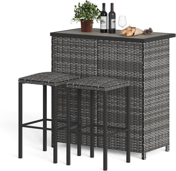 GarveeMore Essgruppe Polyrattan Garten-Barset, 3-teiliger Bartisch, Gartenmöbel-Sitzgruppe, RattanBar,Tresentisch,Barset,Gartentheke,Barhocker,Barstuhl,Sitzgruppe