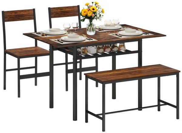 Puluomis Essgruppe Klappbarer Esstisch mit 2 Stühlen und Bank 120x75 cm, Klapptisch mit Aufbewahrung, Industriedesign für Esszimmer Holz