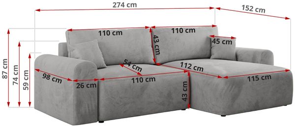 MKS Meble 'Nelson' Ecksofa mit Schlaffunktion und Bettkasten, L-form, Hellgrau, Velours Bild 6