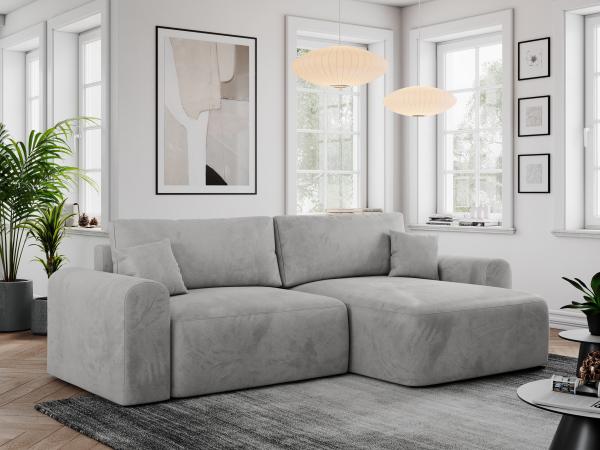 Ecksofa L-form, Couch mit Schlaffunktion und Bettkaste - NELSON - Hellgrau Velours