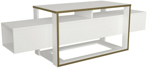Dmora Fernsehschrank Jo, Ständer für Wohnzimmerfernseher, Niedriges Wohnzimmer-Sideboard, TV-Ständerbasis, 160x46h50 cm, Weiß und Gold