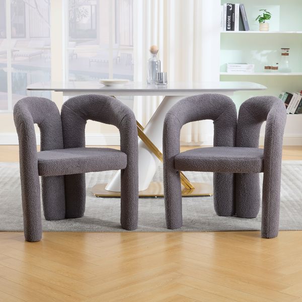 Ergonomischer Sessel im 2er-Set, Teddy-Flor-Bezug, grau, Massivholz, 61x52x71 cm