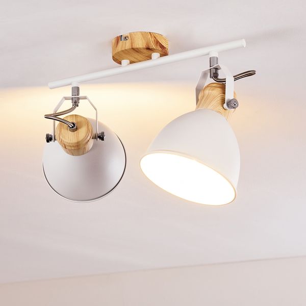 hofstein Deckenleuchte »Verago« Deckenlampe aus Metall in Weiß/Holzoptik, ohne Leuchtmittel, mit verstellbaren Strahlern, 2xE27, Spot im Retro/Vintage Design