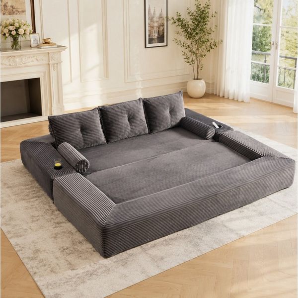 HAUSS SPOLE Schlafsofa 3-Sitzer Klappsofa aus Cord,Loungesofa mit Getränkehalter & Taschen, Cord-Multifunktionssofa mit hochdichtem Schaumstoff und Reißverschluss, Dreisitzer ausklappbare Schlafcouch-Funktion