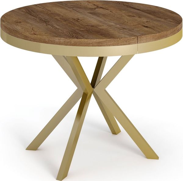 WFL GROUP Esstisch Dina ausziehbar rund industrial mit goldenen Metallbeinen (MADE IN EU, erhältlich in 3 Größen – 90/100/120 cm ausziehbar auf 170/180/200 cm), platzsparender Tisch in Holzoptik für Küche, Esszimmer oder Wohnzimmer