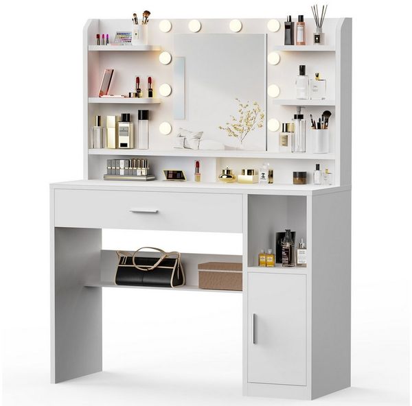 oyajia Schminktisch mit LED-Beleuchtung, einstellbare Helligkeit, mit 1 Schubladen,Spiegel (108*40*140 cm,6 offene Fächer, minimalistischer Stil Reichlich Stauraum Stabile)