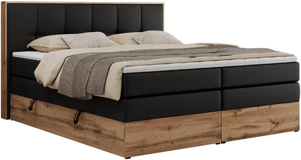 Boxspringbett, Doppelbett mit zwei 7 Härtezonen Multipocket-Matratzen, Bettkästen, Eiche Wotan Holzrahmen, Polsterbett mit Topper-Matratze - ALBERO 1 KING - 140 x 200 cm - Schwarz Kunstleder - H4 Bild 4