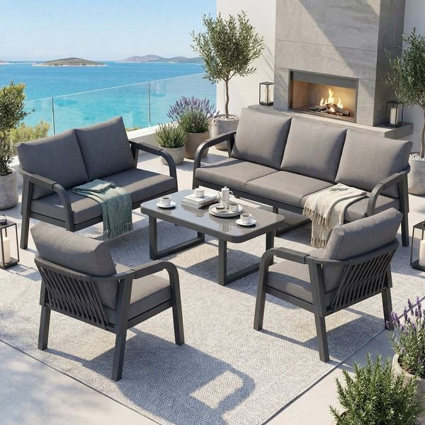 STILVORA Gartenlounge-Set für 7 Personen Gartenmöbel-Set mit 3/2 Sitzer Sofa, 2 Sessel&1 Tische, (Geflochtene Arm- & Rückenlehnen, verzinktes Eisen,wetterfest & stabil), Abgerundetes Design, Lounge-Set, pflegeleichter Glas-Couchtisch