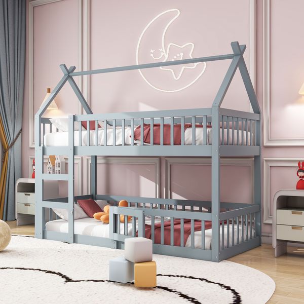 Etagenbett 90x200 cm mit Treppe und hohem Sicherheitszaun – Massivholz, Grau, multifunktional