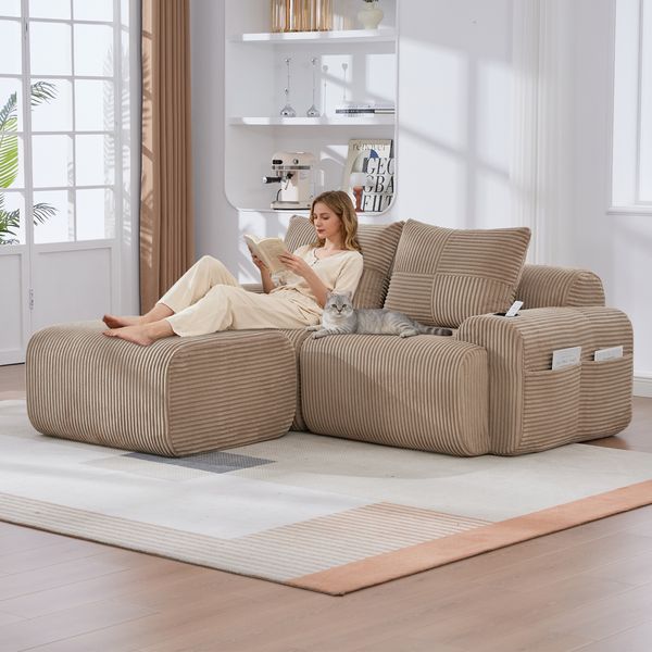 Modulares 2-Sitzer Cordsofa m. Hocker, Getränkehalter, Tasche, Khaki