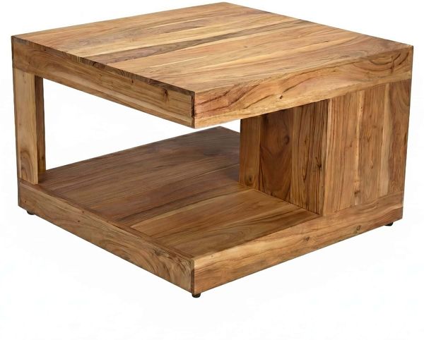 Couchtisch Akazie Massivholz 60cm - Quadratischer Wohnzimmertisch mit Ablagefach - Design Sofatisch Holz - Offener Loungetisch - Natur Beistelltisch Handmade