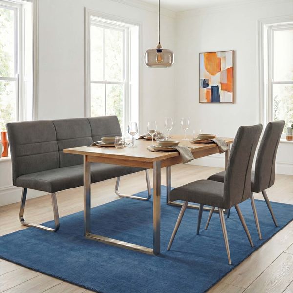 Set 2x Esszimmerstuhl+Sitzbank HWC-G55, Bank Küchenstuhl Stuhl, Stoff/Textil Edelstahl ~ grau-braun Bank 160cm